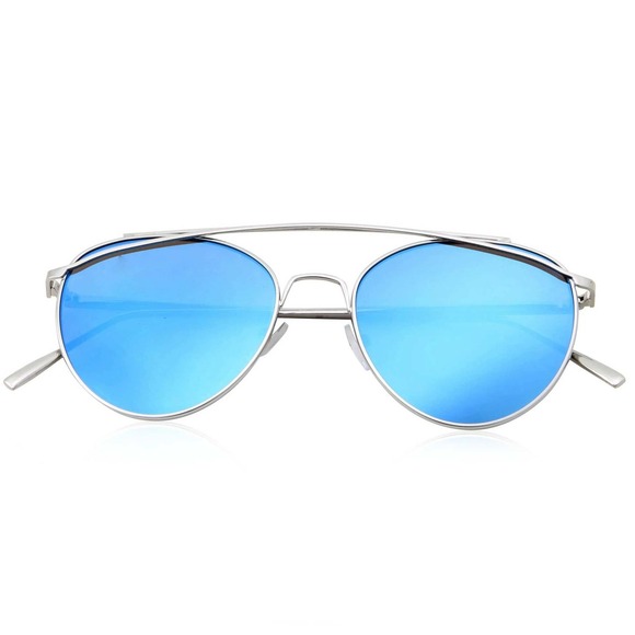 Sunglasses Blue Mirror Reflective‎ Lens Silver Frame Fashion Pilot Style UV400 - Picture 1 of 6